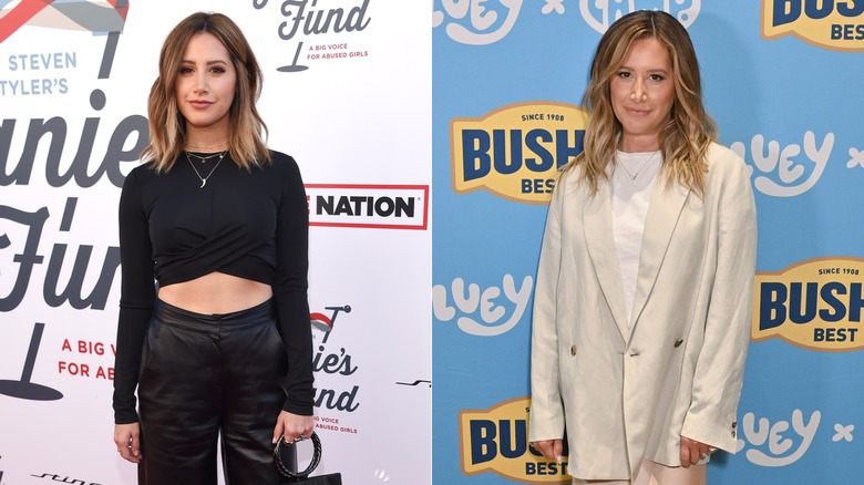Ashley Tisdale smiles in black leather trousers. Ashley Tisdale smiles in a white blazer.