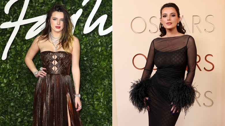 Bella Thorne smiles wearing red lipstick. Bella Thorne wears a mesh dress with feather cuffs.