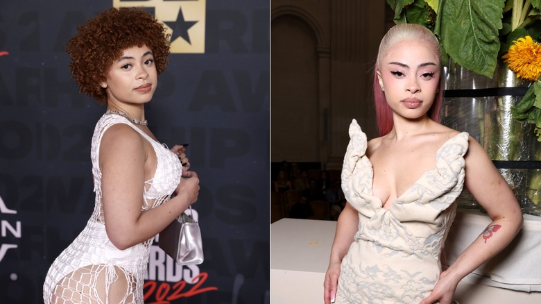 Split image of Ice Spice posing in a white dress and then a beige dress.