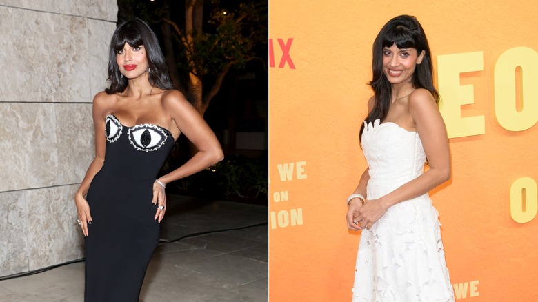 Jameela Jamil wears red lipstick and a bandeau dress. Jameela Jamil smiles in a white dress.