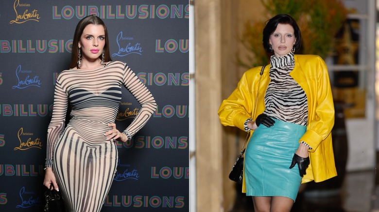 Julia Fox poses in a striped dress. Julia Fox poses in a turquoise skirt and zebra-print top.