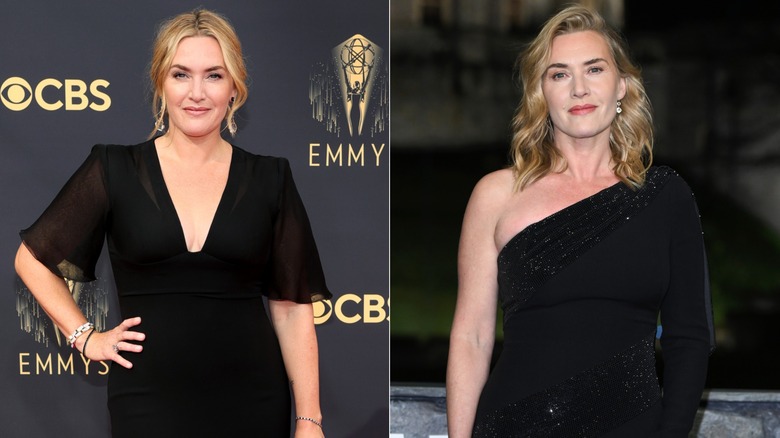 Kate Winslet smiles in a black dress. Kate Winslet smiles wearing a one sleeve black dress.