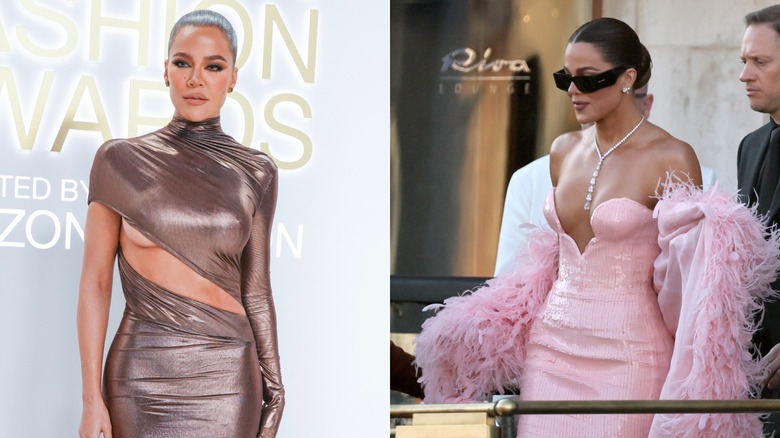 Khloe Kardashian poses in a bronze dress. Khloe Kardashian stands in a pink dress and sunglasses.
