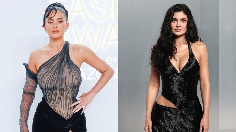 Kylie Jenner poses in a black mesh top. Kylie Jenner poses in a black co-ord.