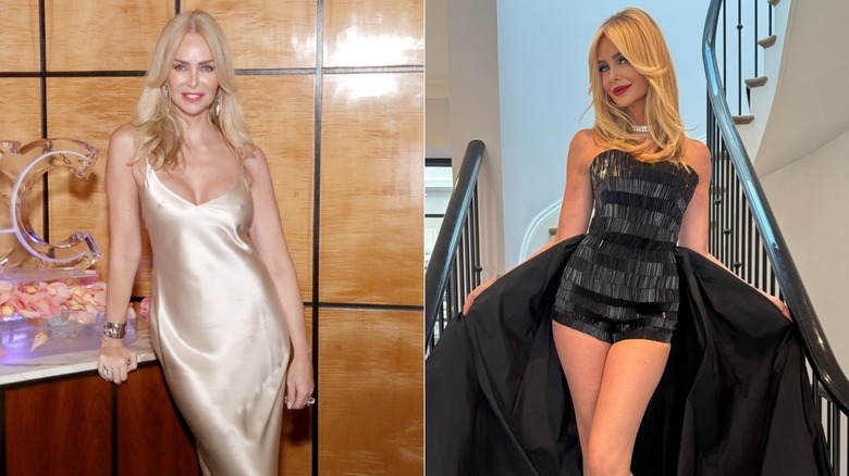 Amanda Caroline Cronin at an event in 2022 and posing in a black bodysuit on stairs in 2025, side by side photos
