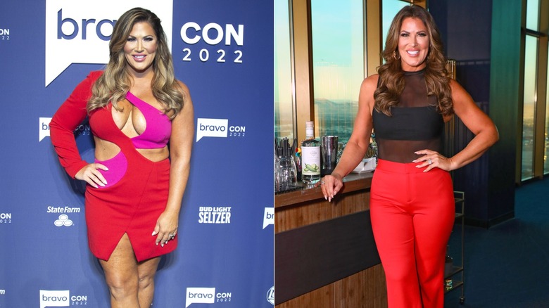Emily Simpson posing on the red carpet in 2022 and at an event in 2023, side by side photos