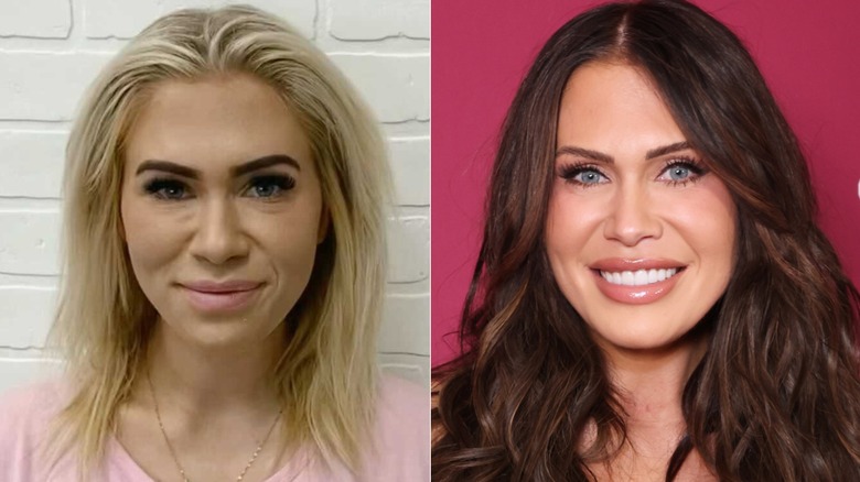 Jessi Draper in 2021 with blond hair and in 2026 on the red carpet with dark hair, side by side photos