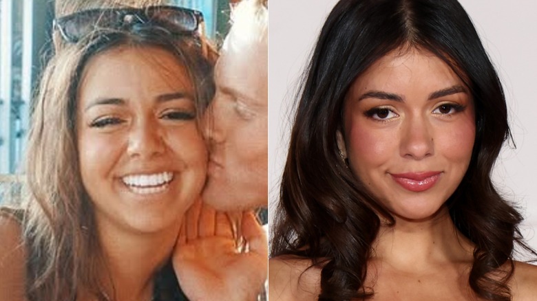 Jennifer Affleck smiling while being kissed on the cheek in 2018 and on the red carpet in 2026, side by side photos