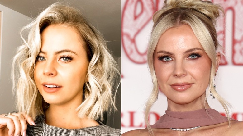 Mayci Neeley in a 2020 selfie and posing on the red carpet in 2026, side by side photos