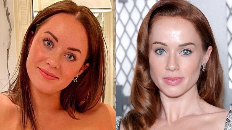 Whitney Leavitt posing with her head tilted in 2022 and on the red carpet in 2026, side by side photos