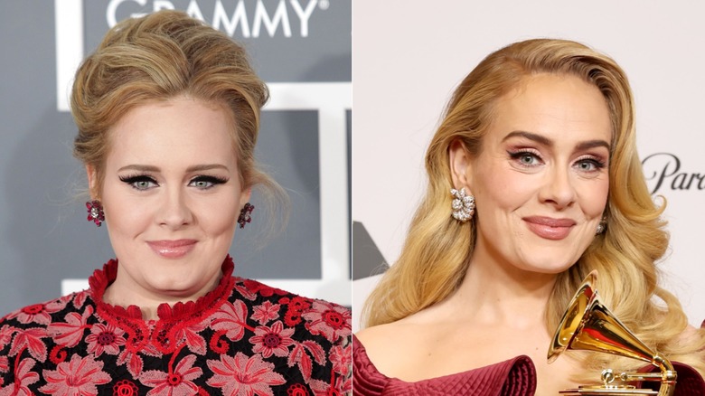 Adele in two different images, wearing red in both