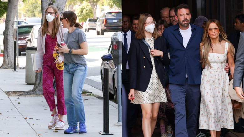 Violet Affleck with Jennifer Garner and with Ben Affleck and Jennifer Lopez, side by side photos