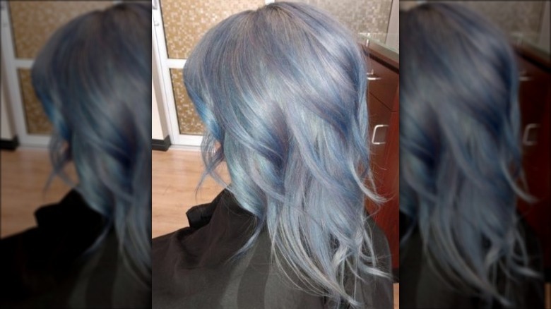 Silver shag, blue and purple lowlights