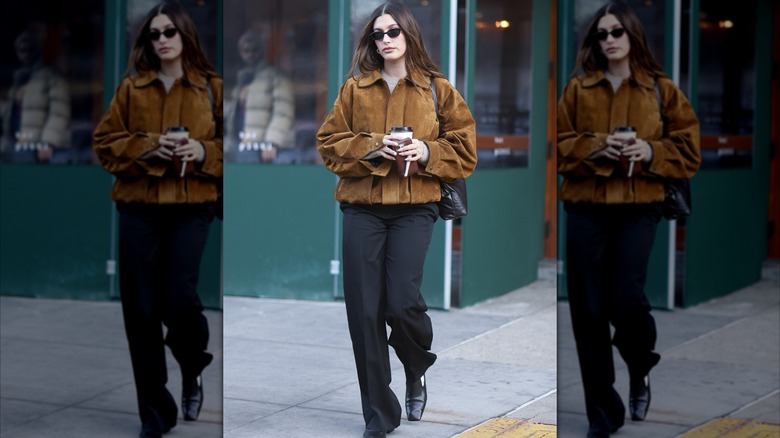 Hailey Beiber wearing suede