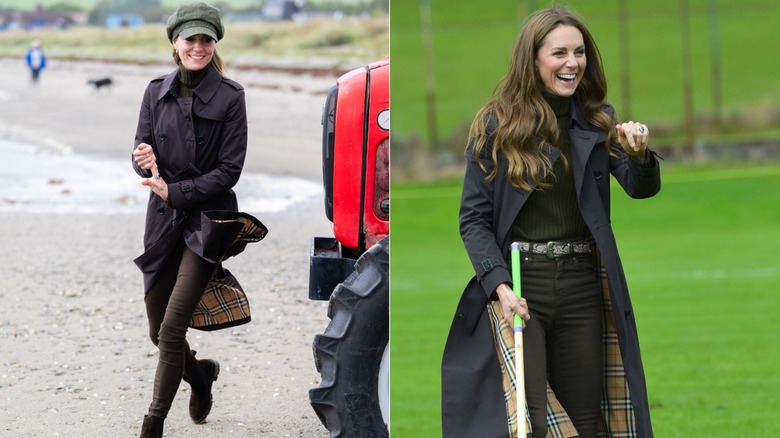 Two images of Kate Middleton in Scotland in September 2026 wearing a brown trench coat