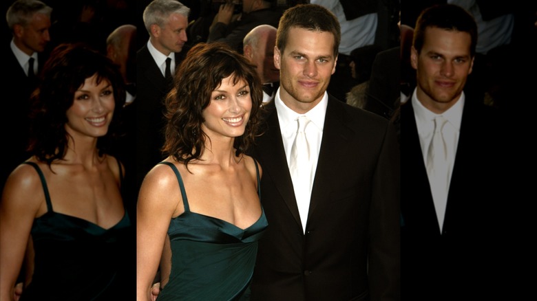 Bridget Moynahan in forest green with Tom Brady at a Vanity Fair party