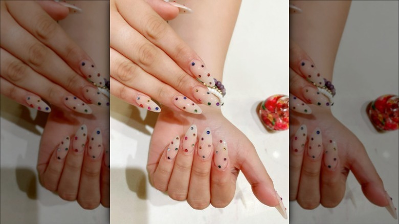 manicure with rainbow rhinestones