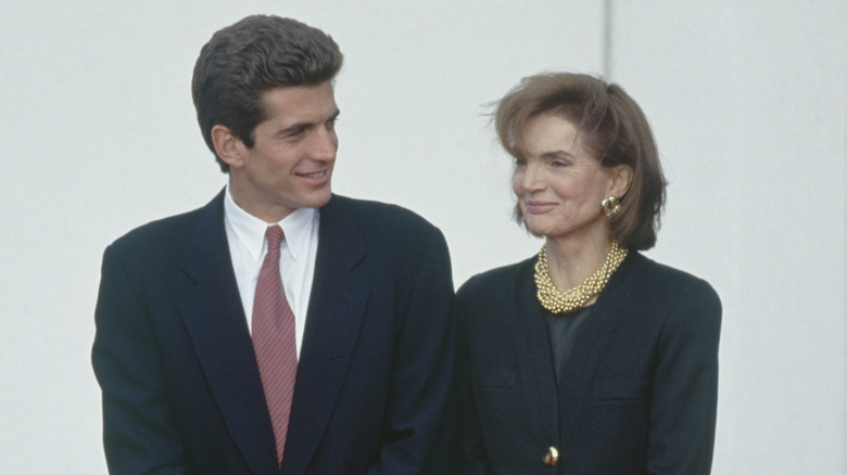 John F. Kennedy Jr. and his mother, Jackie Kennedy, at the opening of JFK Library in Boston