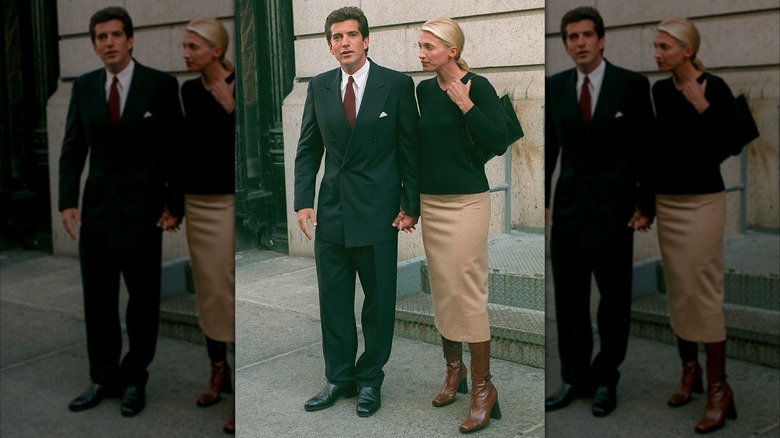 Carolyn Bessette Kennedy and John Kennedy, Jr. outside of their apartment in New York