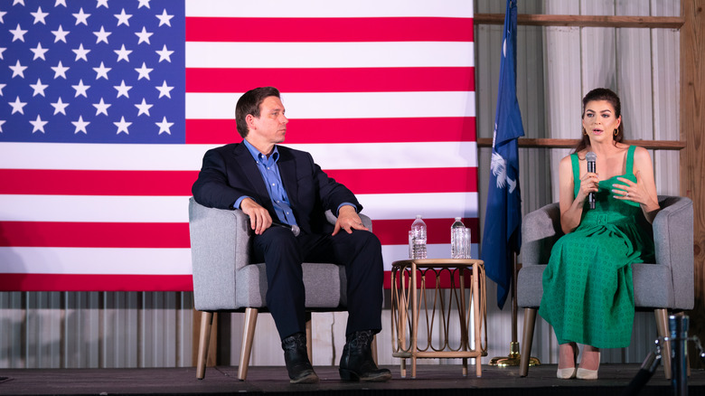 Ron DeSantis and Casey DeSantis, speak to a crowd on June 2, 2023 in Gilbert, South Carolina
