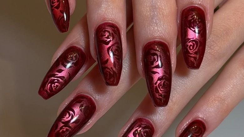 Burgundy Cat Eye Nails with Rose Design
