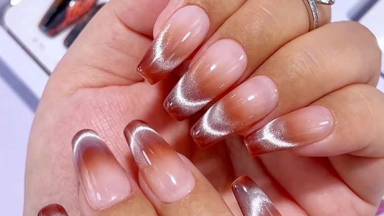 Brown Ombre French with Silver Cat Eye Smile Line