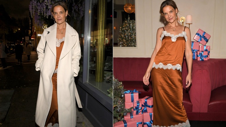 Katie Holmes at an event in a burnt orange tones slip suit
