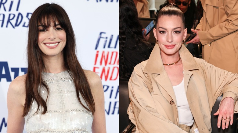 Anne Hathaway with bangs and a white dress and later with her hair up in a ponytail and a trench coat on