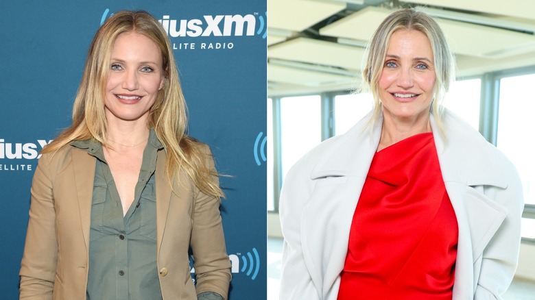 Cameron Diaz in a brown coat and later in a red dress and white jacket