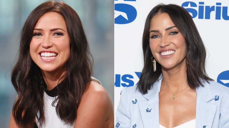 Kaitlyn Bristowe in a photo with a white shirt on and later, with shorter hair and a blue blazer