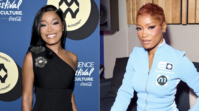Keke Palmer with long hair and more recently, with a pixie cut