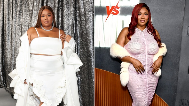 Lizzo in a white two piece suit and later with red hair in a pink dress