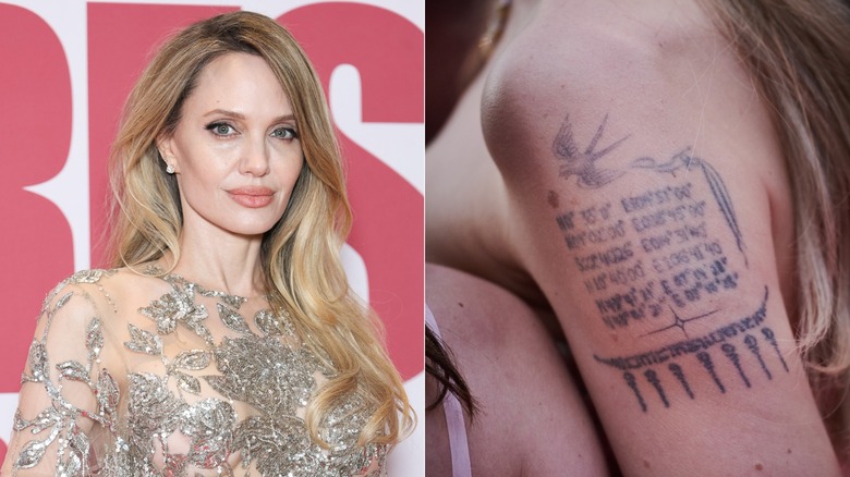 Split image of Angelina Jolie and a close-up of an arm tattoo featuring the birthplace coordinates of her children