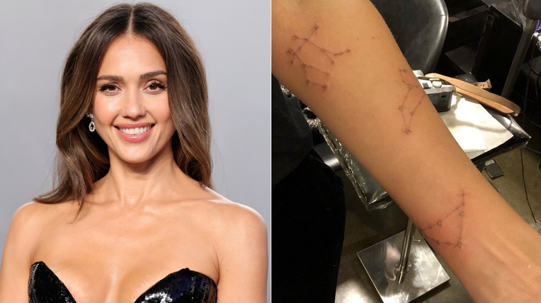 Split image of Jessica Alba smiling while wearing a strapless gown and a close-up of a trio of constellation tattoos