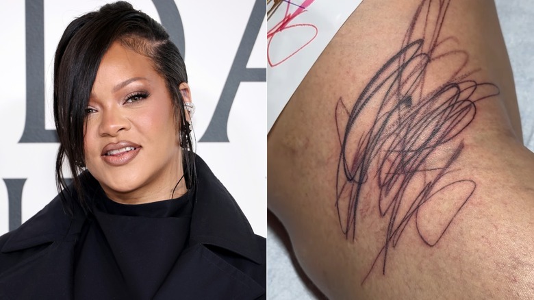 Split image of Rihanna smiling at a red carpet event and a close-up of her scribbled tattoo