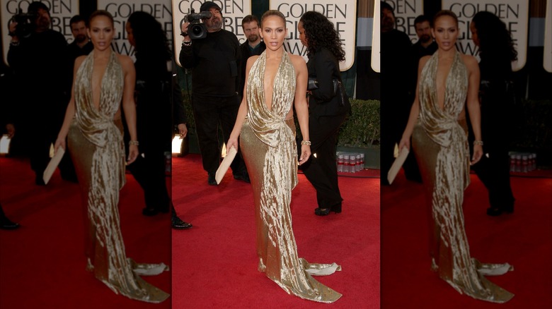 Jennifer Lopez in a gold dress on the 2009 Golden Globes red carpet