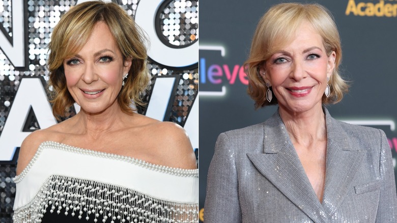 Split image of Allison janney with a blond-highlighted brown hairstyle and a white-blond dye job