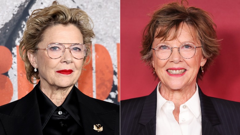 Split image of Annette Bening showing her transformation from dirty blond to dark brown with silver