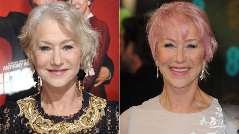 Split image of Helen Mirren in her 60s with her usual silvery hair and a pink dye job
