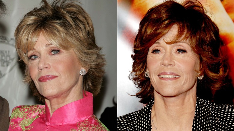 Split image of Jane Fond in her 60s, showing her transformation from blond to auburn