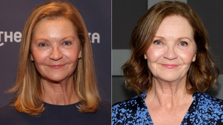 Split image of Joan Allen with a red-toned hair color streaked with blond and a more uniform, dark-brown color change