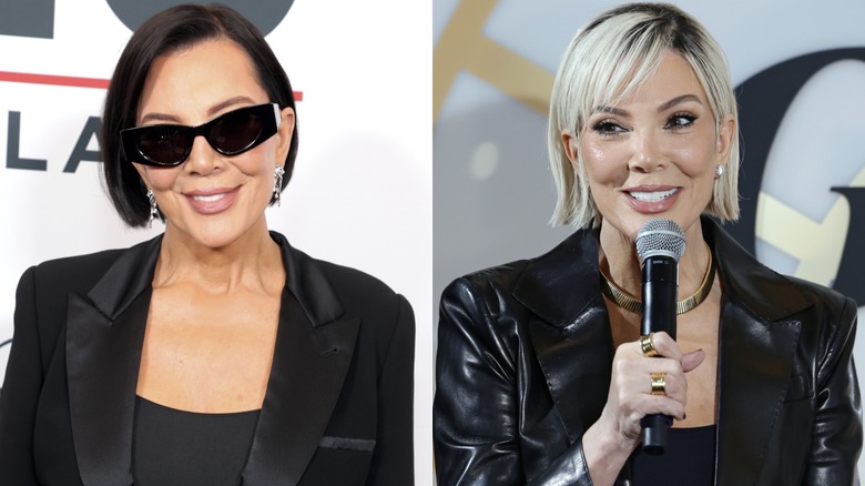 Split image of Kris Jenner showing her transformation from black hair to platinum blond