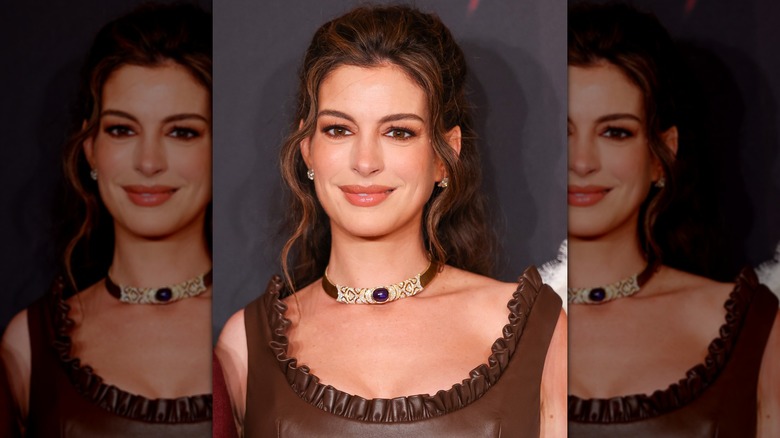 Close-up of Anne Hathaway wearing a brown-toned makeup look with a corresponding outfit