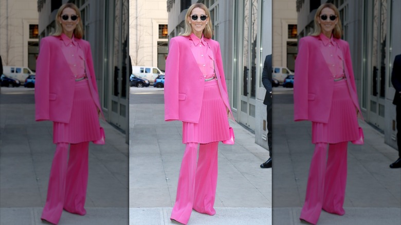 Celine Dion in a pink outfit in 2020