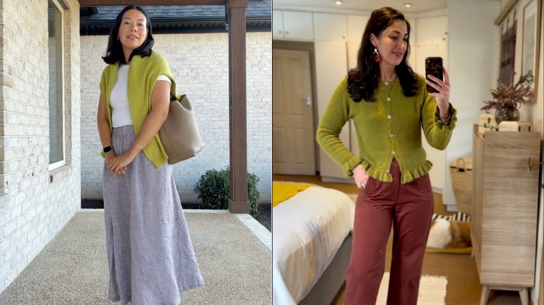 Two different women on Instagram wearing green sweaters