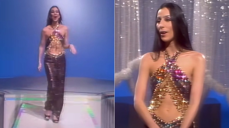 Split image of Cher wearing a dazzling purple gown on her variety show