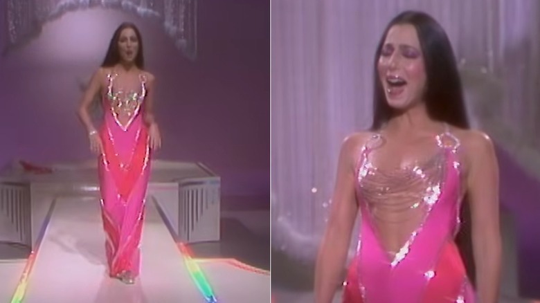 Split image of Cher wearing a pink dress on her variety show