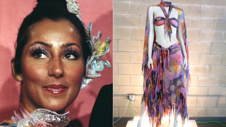 Split image of a close-up of Cher and her outfit displayed on a mannequin