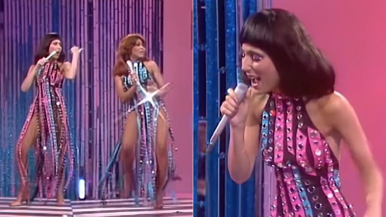 Split image of Cher wearing a pink and blue, grommet-adorned gown while duetting Tina Turner