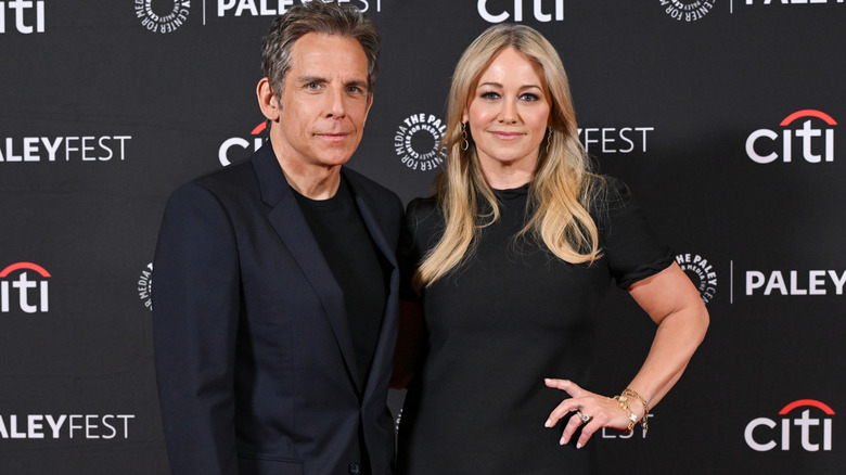 Ben Stiller and Christine Taylor smiling on the red carpet